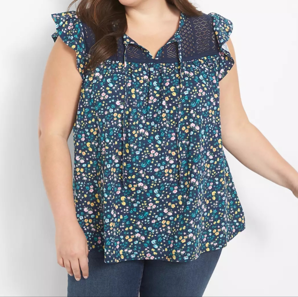 Lane Bryant Women's 26/28 Navy Floral Top Flutter Sleeve Lace Detail